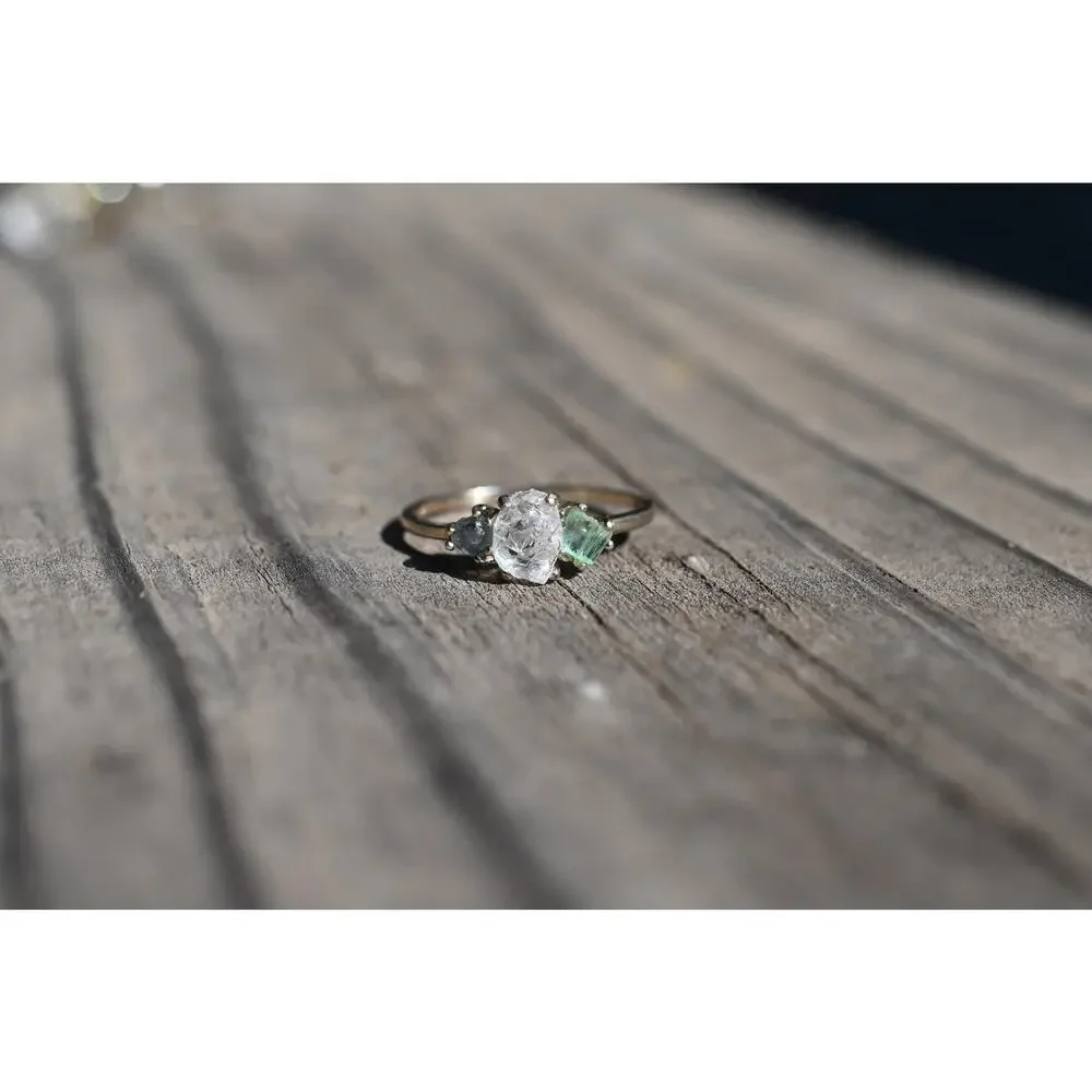 Emerald and Montana sapphire engagement ring 14k white gold size 12